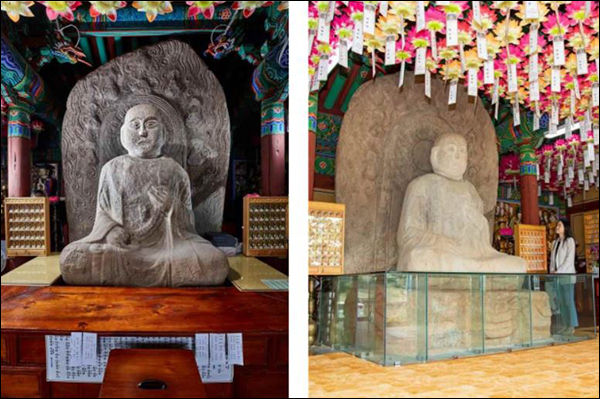 익산 연동리 석조여래좌상 정비 전(왼쪽), 정비 후