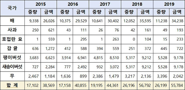 신선 농산물 미국 수출실적