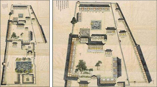 장용영 본영도형 일괄-도형 기미본(179년) - 한국학중앙연구원 장서각(왼쪽) / 장용영 본영도형 기미본(179년) 채색도 세부(내대청)