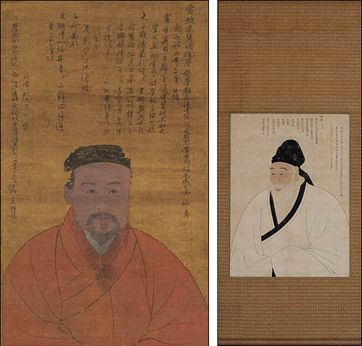 〈안향초상(安珦 肖像)〉, 작가미상, 조선 중기, 비단에 색, 87.0×52.5cm, 소수박물관, 국보 제111호 / 〈송시열 초상(宋時烈 肖像)〉, 조선 후기, 비단에 색, 89.7×67.6cm, 국립중앙박물관, 국보 제239호