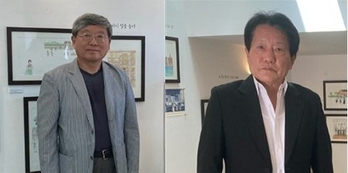 전시장을 찾은 김세환 선생(하상기 선생 후손), 김용택 회장(김란사애국지사추모사업회)