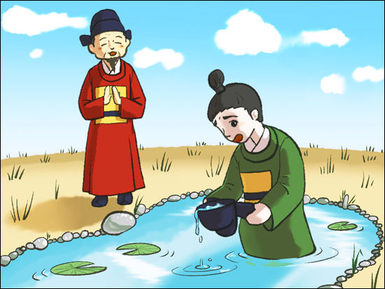 조선시대 '신참례', 신참에게 연못에서 사모로 물을 퍼내게 했다.(그림 유주연 작가)