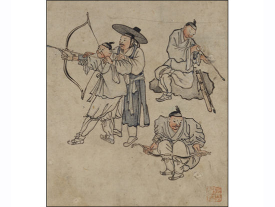 김홍도필 <풍속도화첩> 가운데 ‘활쏘기’, 종이에 수묵담채, 28.0x23.7㎝, 보물 제527호. 국립중앙박물관 소장