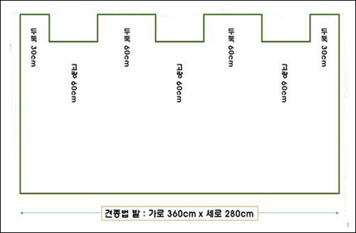 현대적으로 재해석한 작묘법- 3견의 전통농법을 재현하되 깊이갈이를 하여 고랑에서 자라는 작물 뿌리가 쉽게 뻗어 나갈 수 있도록 고랑의 규모를 2배로 크게 했으며 텃밭의 이용도를 높이고 생산성을 향상시키는 재배기술을 적용함