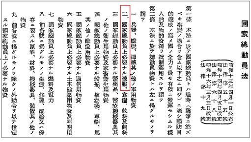 국가총동원법, 붉은 표시 부분이 ‘국가총동원상 필요한 피복’ 부분으로 피복을 짜야하는 실 따위도 모두 전쟁물자임을 규정하고 있다.