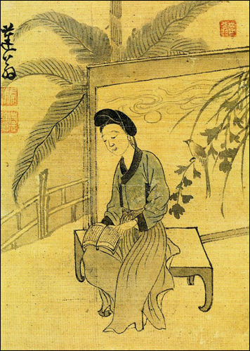 윤덕희, <독서하는 여인>, 비단에 색, 20×14.3cm, 서울대학교박물관