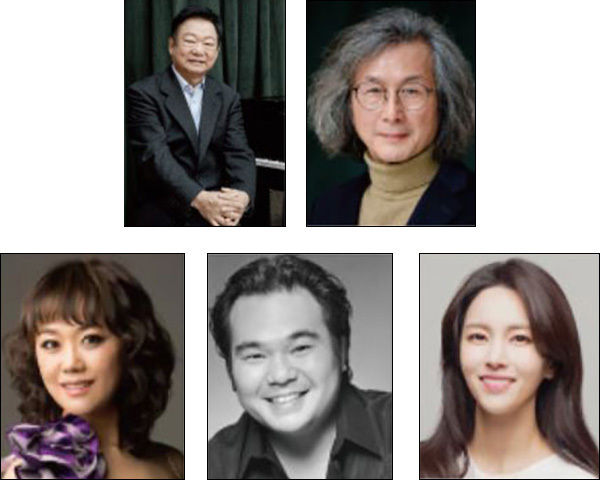 작곡 이영조, 지휘 김성진(윗줄 왼쪽부터) / 소프라노 이유라, 테너 신동원, 정가 가객 하윤주(아랫줄 왼쪽부터)