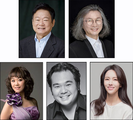 위촉 작곡 이영조, 지휘ㆍ예술감독 | 김성진(윗줄 왼쪽부터), 소프라노 이유라, 테너 신동원, 정가 가객 하윤주(아랫줄 왼쪽부터)