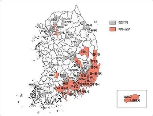 재선충 피해 지역(출처, 산림청)