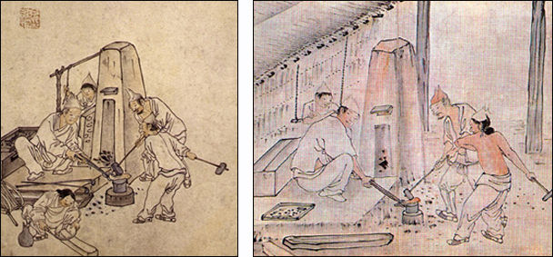 연륜이 느껴지는 김홍도의 그림 <대장간>(왼쪽)과 김홍도를 모방한 것으로 보이지만, 오히려 생동감과 힘이 느껴지는 김득신의 <대장간>