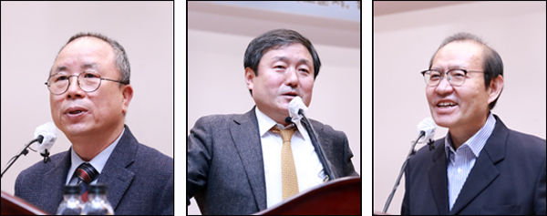 최범산 순국선열교육위원장, 이덕일 한가람역사문화연구소장, 김병기 광복회 학술원장