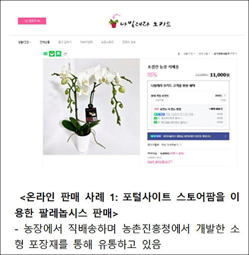 <온라인 판매 사례 1: 포털사이트 스토어팜을 이용한 팔레놉시스 판매> - 농장에서 직배송하며 농촌진흥청에서 개발한 소형 포장재를 통해 유통하고 있음