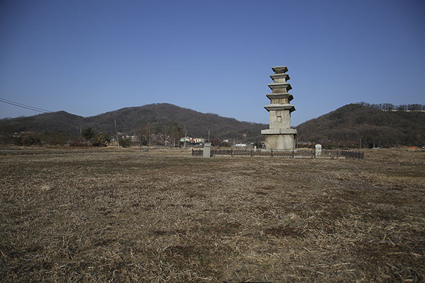 봉업사터 전경. 앞에 보이는 산은 죽주산성의 일부, 드넓은 절터가 매우 큰 절이었음을 알게 한다.