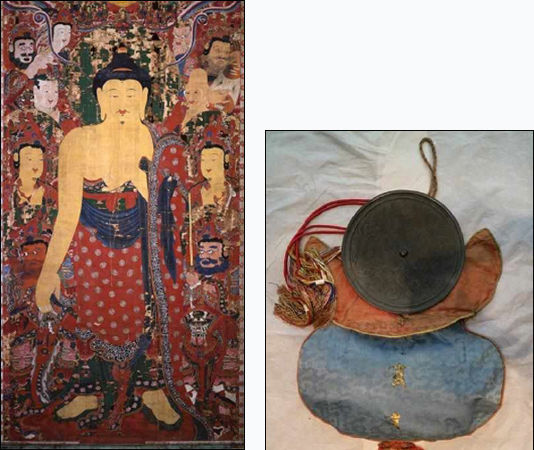 상주 남장사 영산회 괘불도및 복장유물 - 괘불도(왼쪽), 복장유물(동경과<br>
복장낭)