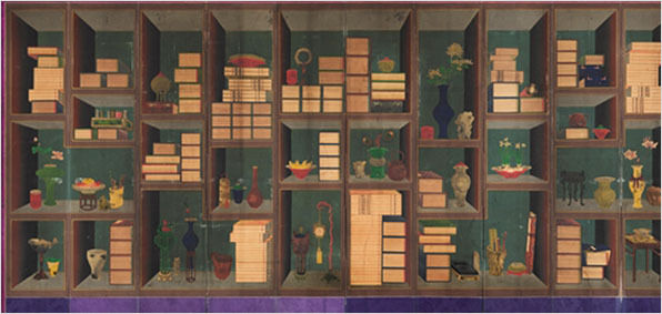 이형록, <책가도>, 조선 19세기, 비단에 색, 153×352cm, 국립중앙박물관