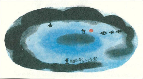 김병종, 휘돌아나가는 물길과 부드러운 산, 1998, 한지에 수묵과 채색, 28×58cm