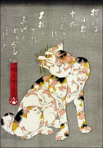 집합그림 기법으로 그린 우타가와의 고양이 그림, 한 마리 속에 여러 마리의 고양이를 그려넣은 것이 특징.