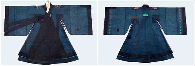 구장복(은조사 재질) 전면(左)과 후면(右), 조선 19세기 말~20세기 초, 총길이 137.5cm, 화장 94.5cm, 중요민속문화재 제66호