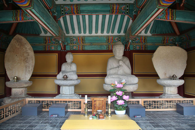 보호각 내 안치된 불상과 좌대, 적어도 4구 이상의 불상이 있었음을 알 수 있다. 가운데에서 왼쪽 부처님은 석가모니불, 오른쪽 부처님은 비로자나불