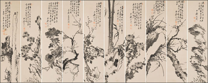 <strong>화훼괴석 10폭 병풍_1927, </strong>Ink on paper_134×33.5㎝×10pieces, 서병오, 대구미술관 소장