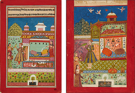 <바산트 라가(Vasant rāga)>, 1680년 무렵, 인도 북 데칸, 종이에 불투명 수채와 금(왼쪽), <가우디 라기니(Gaudī rāginī)>, 1680년 무려, 인도 북 데칸, 종이에 불투명 수채와 금