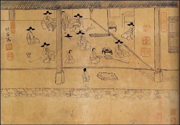 현정승집도(玄亭勝集圖), 강세황, 1713년, 출처: 한국데이터베이스. 강세황은 우울한 삶 속에서도 절망하지 않은 채 그림처럼 거문고를 연주하면서 몸과 마음을 닦았다. 덕분에 그는 몸과 마음의 병이 사라지고 평화로워졌으며 우울증도 떨쳐 버릴 수 있었다고 한다.
