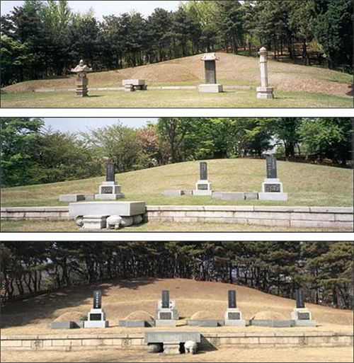 백범 김구 선생 묘역(위), 대한민국임시정부 요인 묘역(조성환 선생, 이동녕 선생, 차리석 선생) - 가운데, 삼의사 묘역(이봉창 의사, 윤봉길 의사, 백정기 의사)