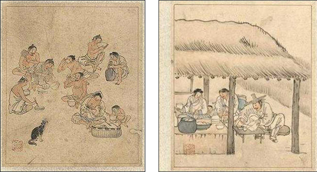 단원 김홍도(檀園 金弘度)의『단원풍속도첩(檀園風俗圖帖)』중 ‘점심’ (사진제공: 국립중앙박물관) - 왼쪽, 단원 김홍도(檀園 金弘度)의『단원풍속도첩(檀園風俗圖帖)』중 ‘주막’ (사진제공: 국립중앙박물관)