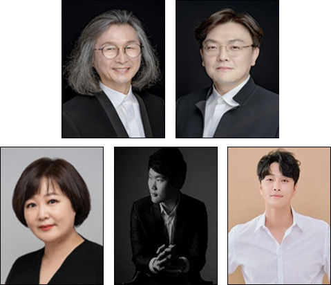 예술감독 | 김성진(위 왼쪽), 지휘 | 이승훤(위 오른쪽),<br>
해설┃이금희, 정오의 앙상블┃‘시간의 색(色)’ 위촉 작곡 홍민웅, 협연┃민우혁(아래 왼쪽부터)