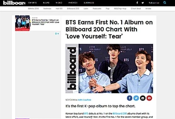 방탄소년단의 1위 소식을 알리는 '빌보드' 공식 누리집 화면 갈무리