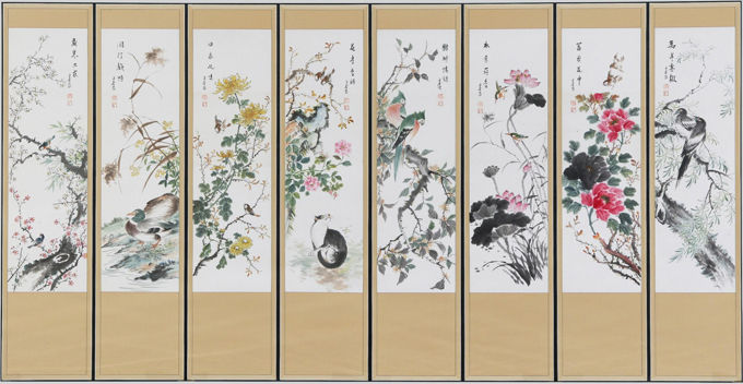 <조중태가 그린 8폭 화조도 병풍>, 20세기 중반, 세로 109.5cm 가로32.2cm
