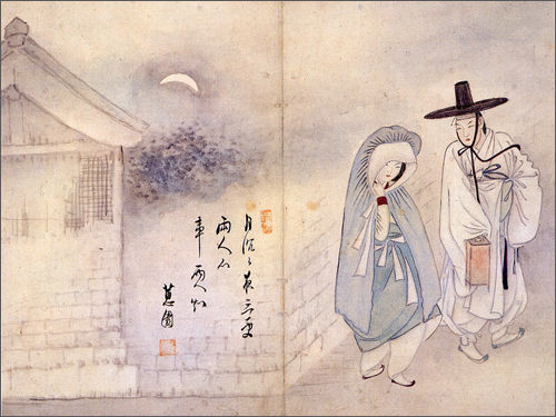 혜원 신윤복의 '혜원풍속도첩(蕙園風俗圖帖)' 가운데 <월하정인(月下情人)>, 간송미술관 소장