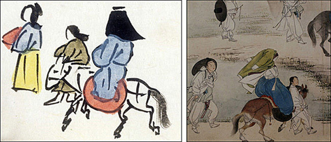 《가례도감의궤》의 너울을 쓴 상궁 (왼쪽), 신윤복 <풍속도 화첩>의 장옷 쓴 여인