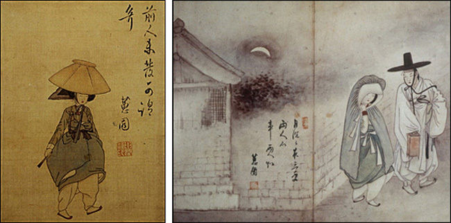  ▲ 신윤복 그림 <전모를 쓴 여인>에 보이는 전모(왼쪽), 신윤복이 그린 <월하정인도>에 보이는 쓰개치마