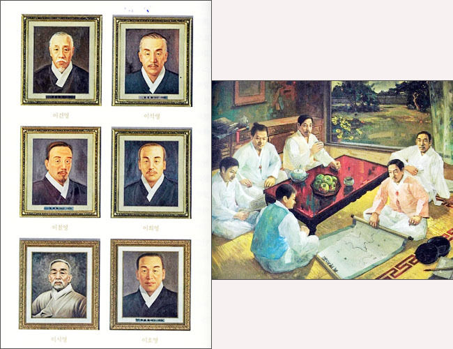 이석영 여섯 형제 초상(왼쪽), 여섯 형제 결의 기록화(제공 우당기념사업회)