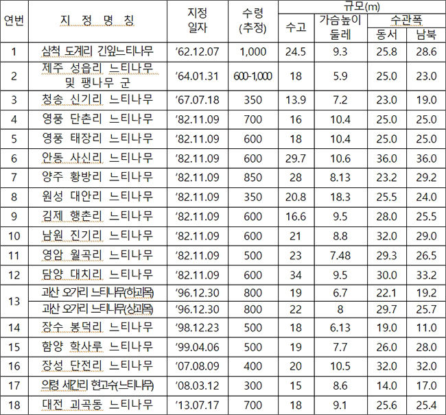천연기념물 느티나무 지정 현황