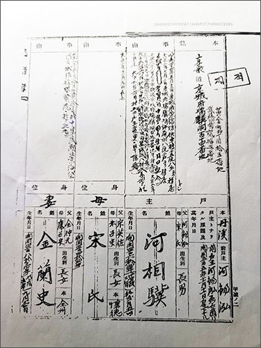 하상기의 처 김란사라고 기록된 김란사 지사 호적등본