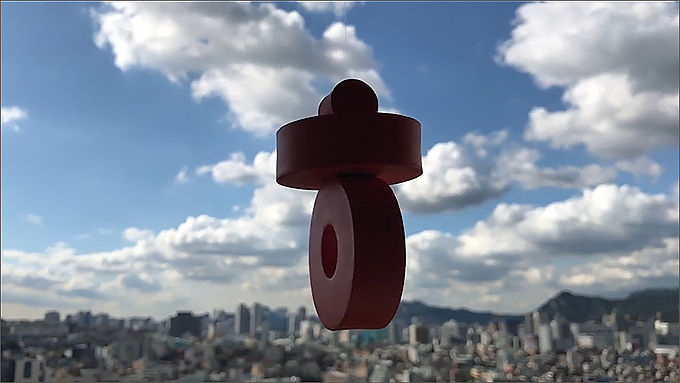 자음 하늘 꼴 이응‘ㅇ’의 힘을 빌려 천지인 히읗‘ㅎ’을 만들고 하늘 소리 아래-아‘·’를 다시 부른다.(한재준 작품)