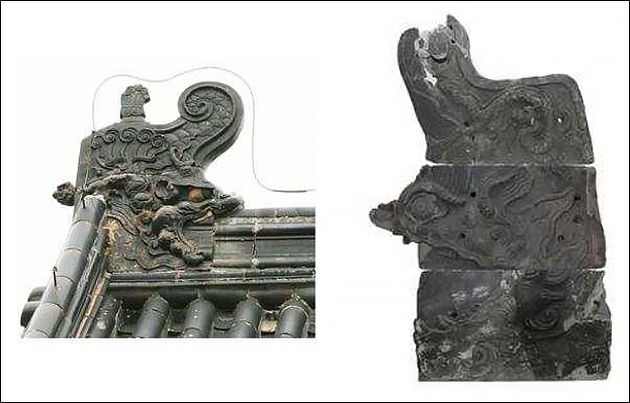 중국 북경 지화사(智化寺) 정문(正吻)에 있는 취두(왼쪽), 숭례문 취두(2008년 수습품)