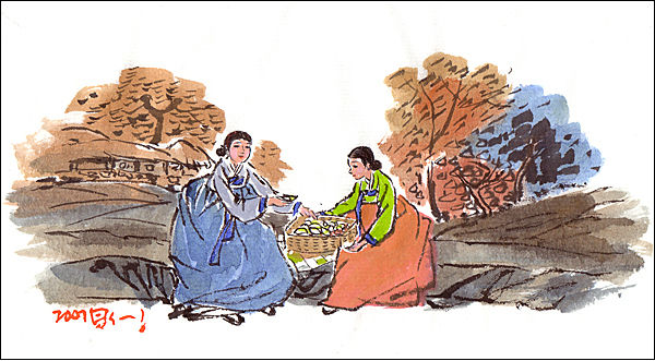 시집간 딸과 친정어머니가 도중 장소를 정해 음식을 장만해 만나는 <반보기> (그림 이무성 작가)