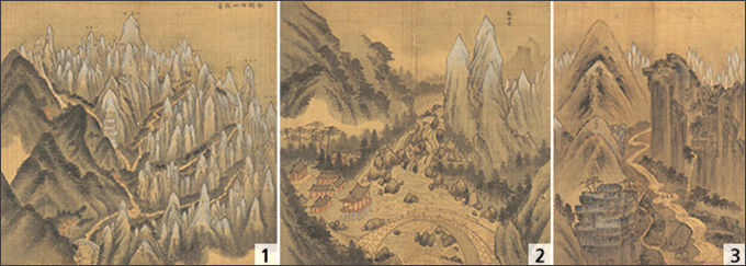 1. 정선, 《신묘년풍악도첩》 중 <금강내산총도>, 조선 1711년, 비단에 색, 36.0.×37.5cm / 2. 정선, 《신묘년풍악도첩》 중 <장안사>, 조선 1711년, 비단에 색, 35.9.×36.6cm / 3. 정선, 《신묘년풍악도첩》 중 <보덕굴>, 조선 1711년, 비단에 색, 36.2.×26.2cm