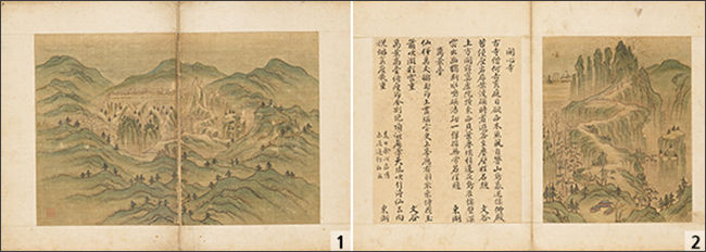 1. 한시각, 《북관수창록》 가운데 <칠보산>, 조선 1664년, 비단에 색, 30.0×46.8cm, / 2. 한시각, 《북관수창록》 가운데 <금강봉>, 조선 1664년, 비단에 색, 30.0×23.4cm