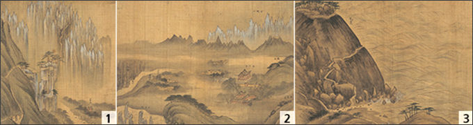 1. 정선, 《신묘년풍악도첩》 가운데 <불정대>, 조선 1711년, 비단에 색, 37.3.×34.6cm / 2. 정선, 《신묘년풍악도첩》 가운데 <해산정>, 조선 1711년, 비단에 색, 26.8.×37.7cm / 3. 정선, 《신묘년풍악도첩》 가운데 <옹천>, 조선 1711년, 비단에 색, 26.6.×37.7cm