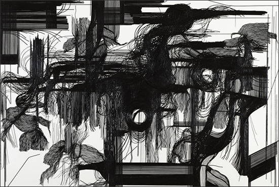 전윤정, Black Hair Rapunzel, 캔버스에 검은색 라인 테이프, 130.3×193.9cm, 2019 (renewal for AR)