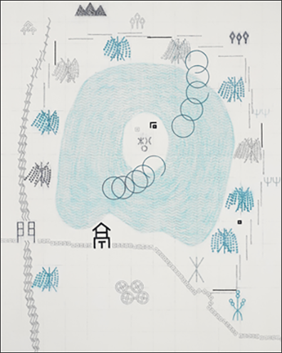 송윤주, 방화수류정(訪花隨柳亭), 장지에 먹, 안료, 스크래치, 162x130cm, 2021