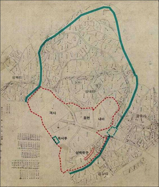 1959년 지적도와 관아영역, 남문, 성벽 추정 위치