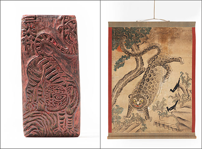 삼재부적판(三災符籍板), 20세기(왼쪽) / 작호도(鵲虎圖), 19세기