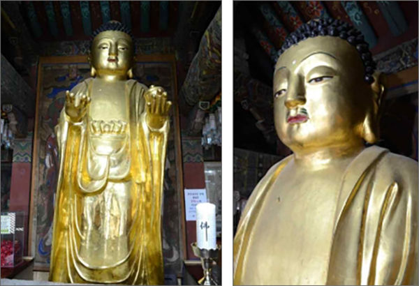 <경주 분황사 금동약사여래입상>(정면), <경주 분황사 금동약사여래입상>(세부)