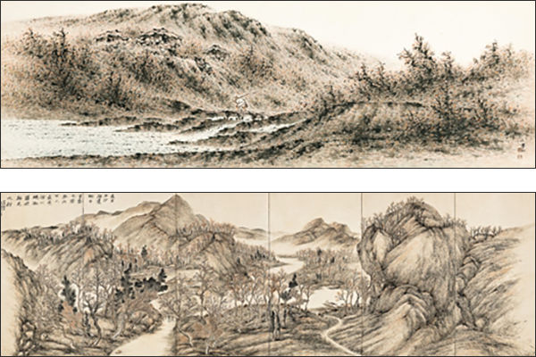 청전 이삼범의 <귀로(歸路)>, 175.6×64.5cm, 추정가 10,000만 원~16,000만 원 - 위 /소정 변관식의 <수촌(水村)>, 344.2×134.0cm, 추정가 8,000만 원~15,000만 원 - 아래