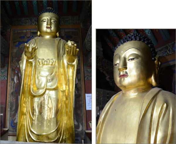 보물 ‘경주 분황사 금동약사여래입상' 정면,(왼쪽)과 세부